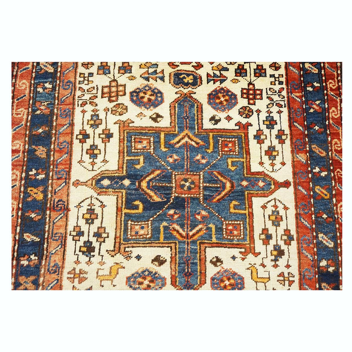 Antique Persian Karajeh Wool 4x11 Ivory, Red & Navy Handmade Gallery Rug #9902530