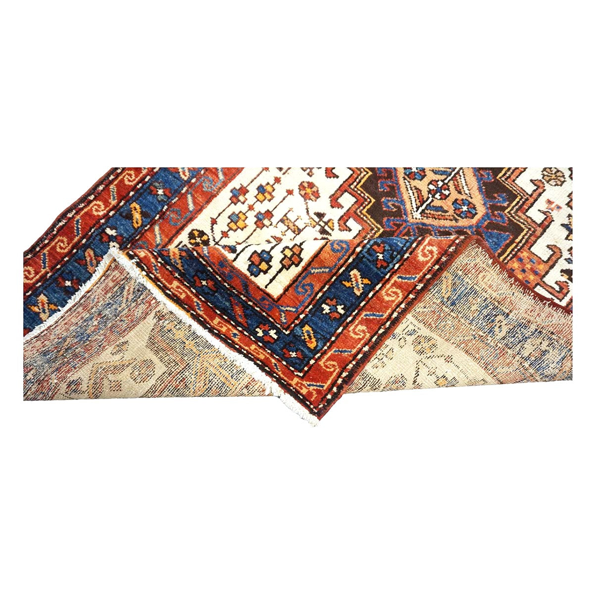 Antique Persian Karajeh Wool 4x11 Ivory, Red & Navy Handmade Gallery Rug #9902530