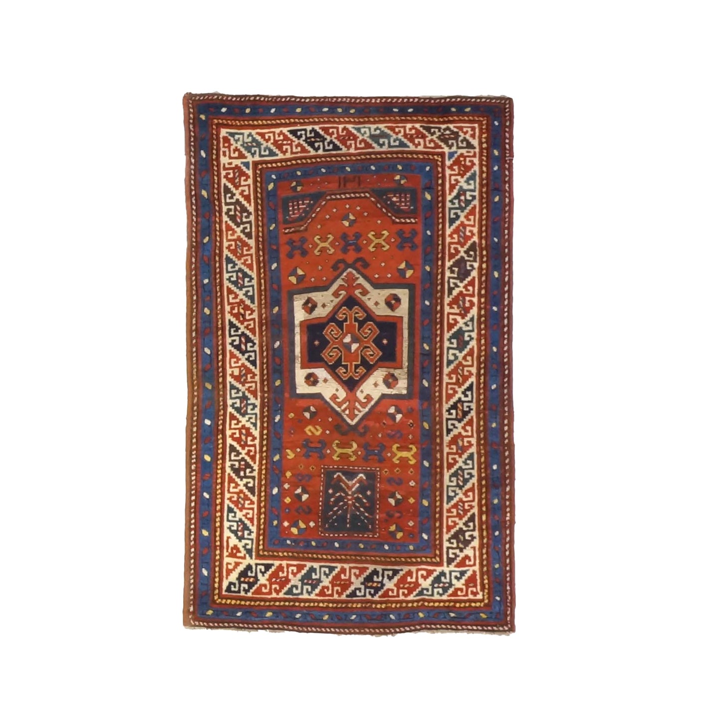 Antique Azarbijiani Kazak Wool 3x5 Rust, Blue & Ivory Handmade Area Rug #9902581