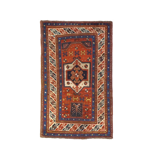 Antique Azarbijiani Kazak Wool 3x5 Rust, Blue & Ivory Handmade Area Rug #9902581