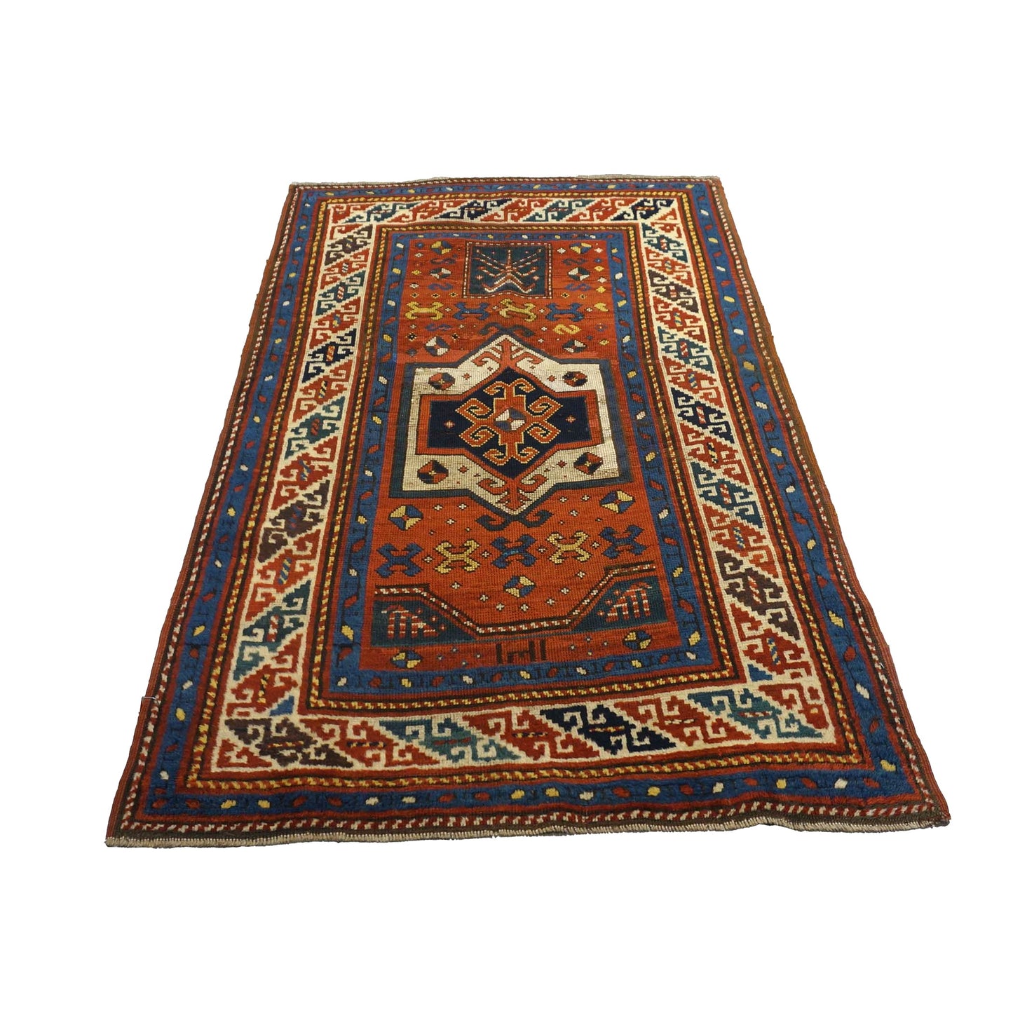 Antique Azarbijiani Kazak Wool 3x5 Rust, Blue & Ivory Handmade Area Rug #9902581