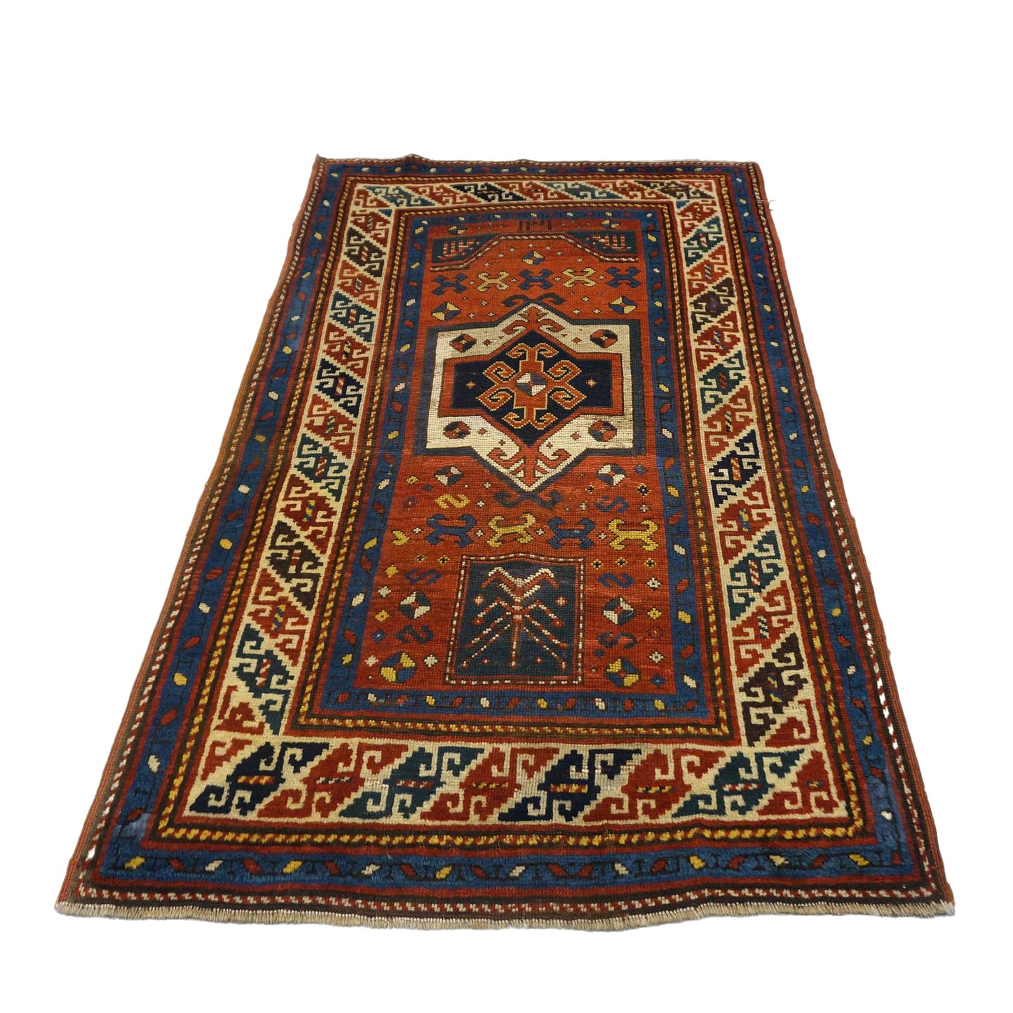 Antique Azarbijiani Kazak Wool 3x5 Rust, Blue & Ivory Handmade Area Rug #9902581