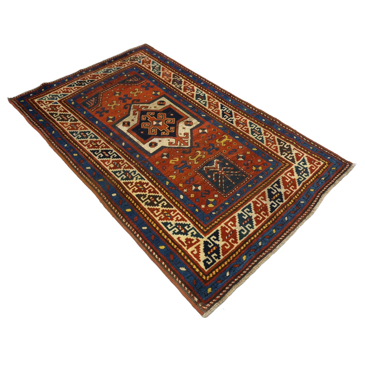 Antique Azarbijiani Kazak Wool 3x5 Rust, Blue & Ivory Handmade Area Rug #9902581