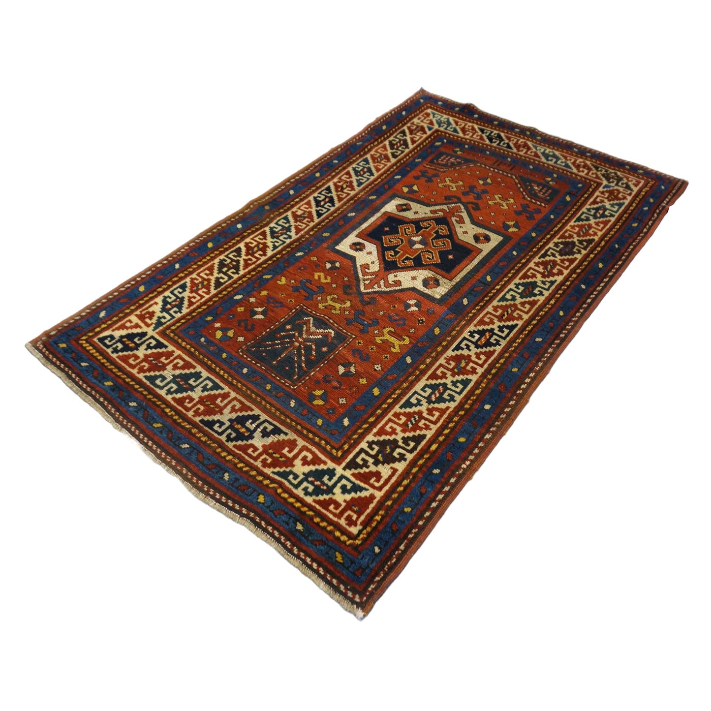 Antique Azarbijiani Kazak Wool 3x5 Rust, Blue & Ivory Handmade Area Rug #9902581