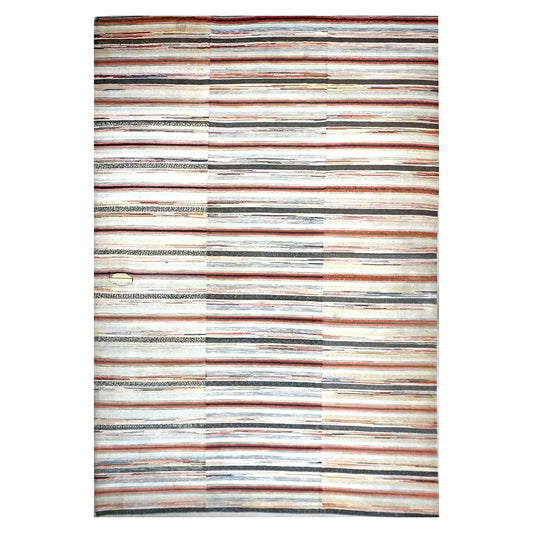Antique American Rag Rug Cotton 10x15 Ivory, Red & Blue Handmade Area Rug #9902624