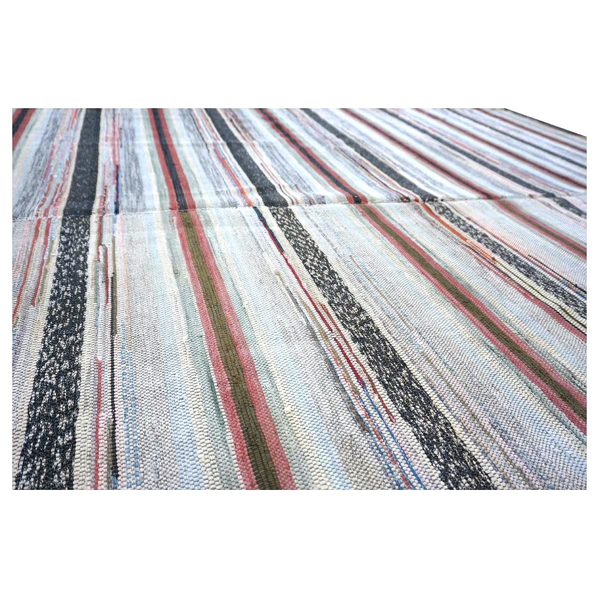 Antique American Rag Rug Cotton 10x15 Ivory, Red & Blue Handmade Area Rug #9902624