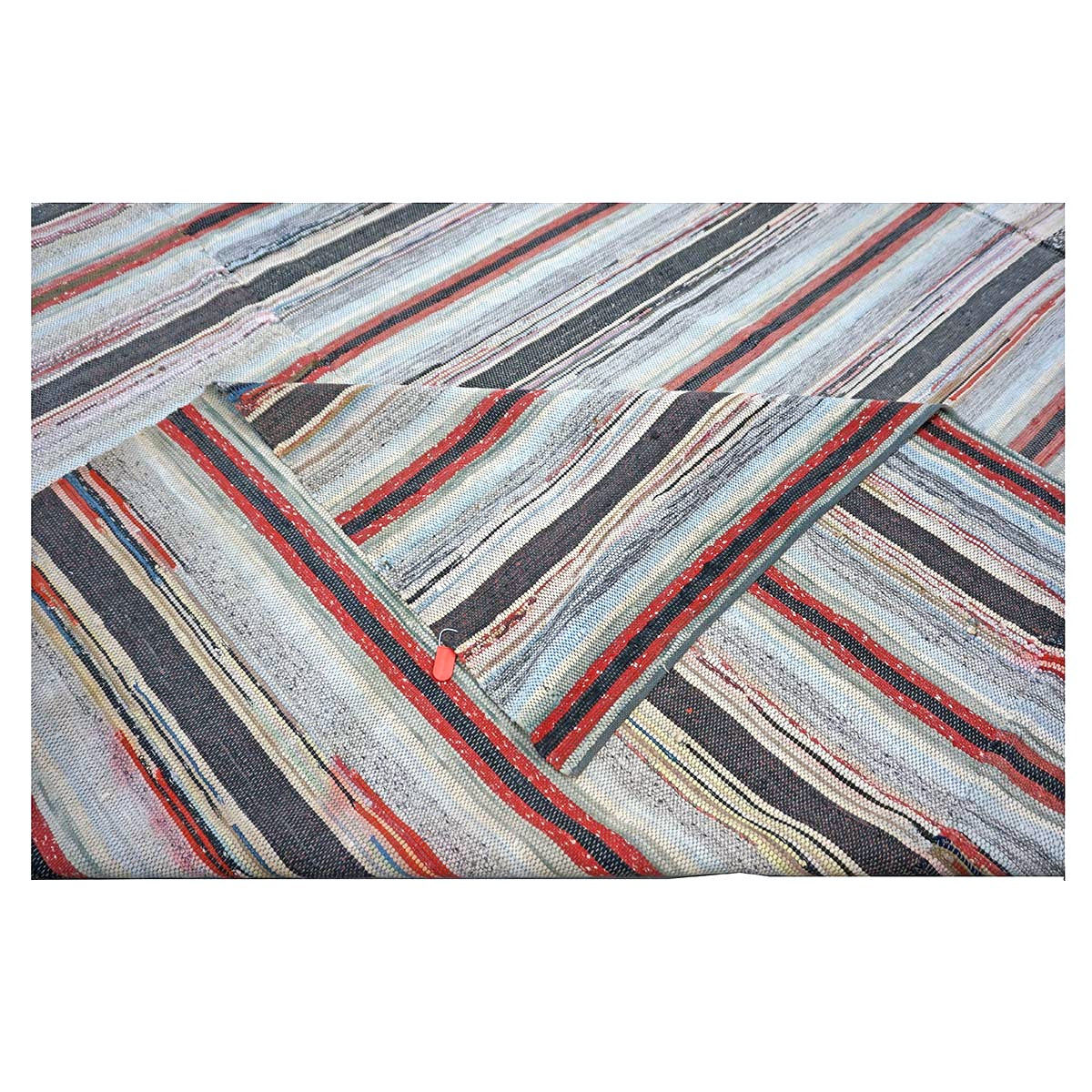 Antique American Rag Rug Cotton 10x15 Ivory, Red & Blue Handmade Area Rug #9902624