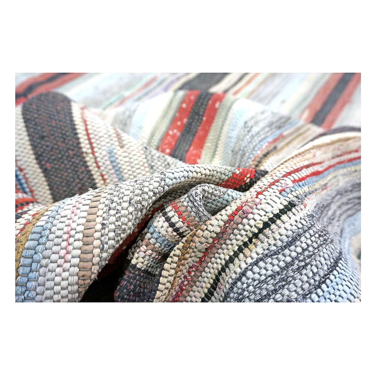 Antique American Rag Rug Cotton 10x15 Ivory, Red & Blue Handmade Area Rug #9902624