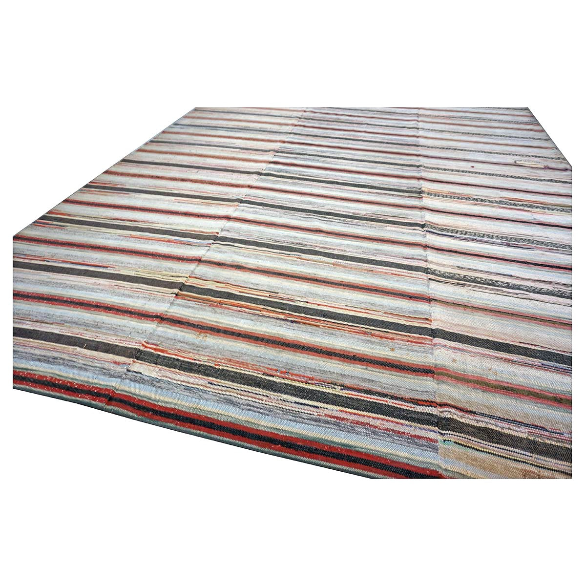 Antique American Rag Rug Cotton 10x15 Ivory, Red & Blue Handmade Area Rug #9902624