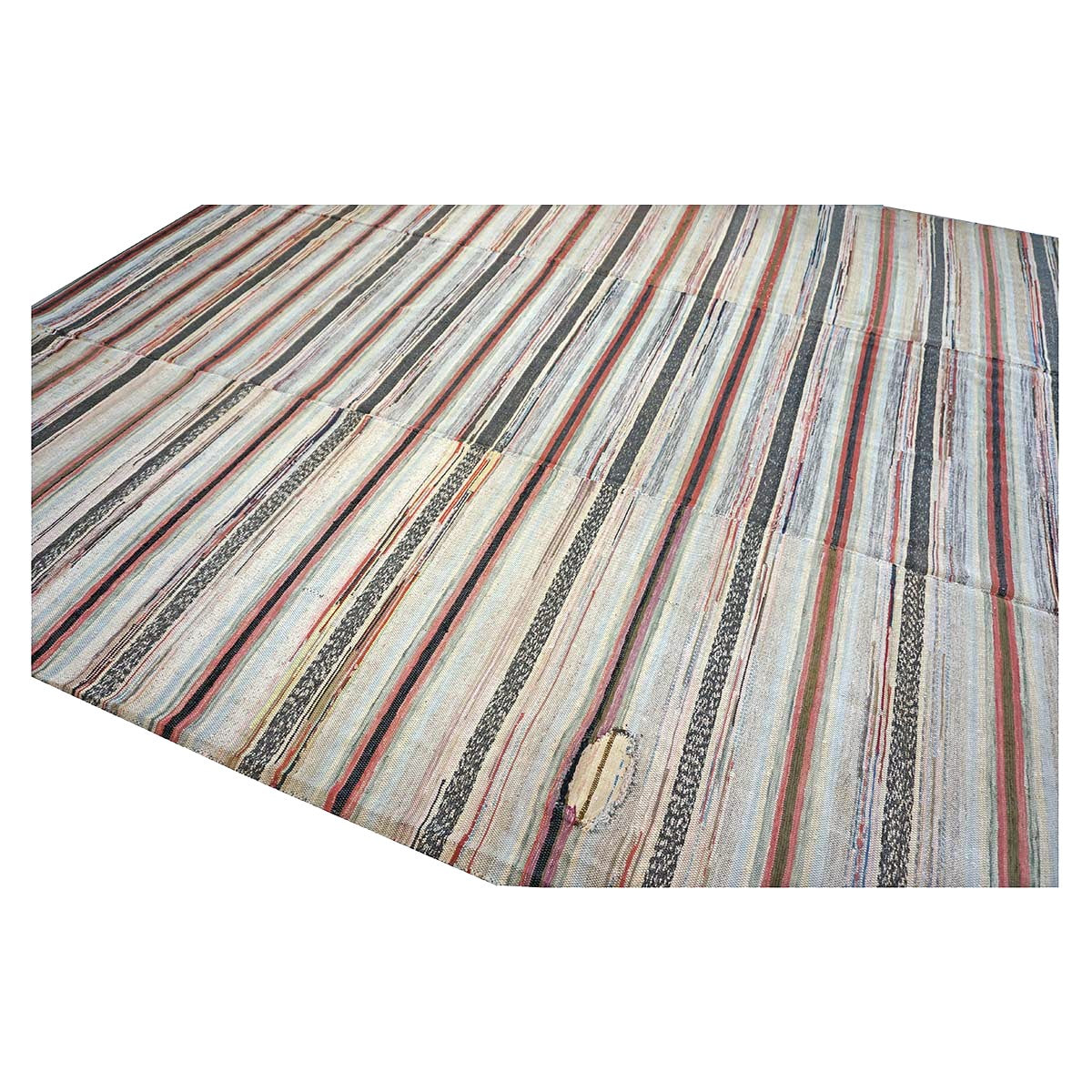 Antique American Rag Rug Cotton 10x15 Ivory, Red & Blue Handmade Area Rug #9902624