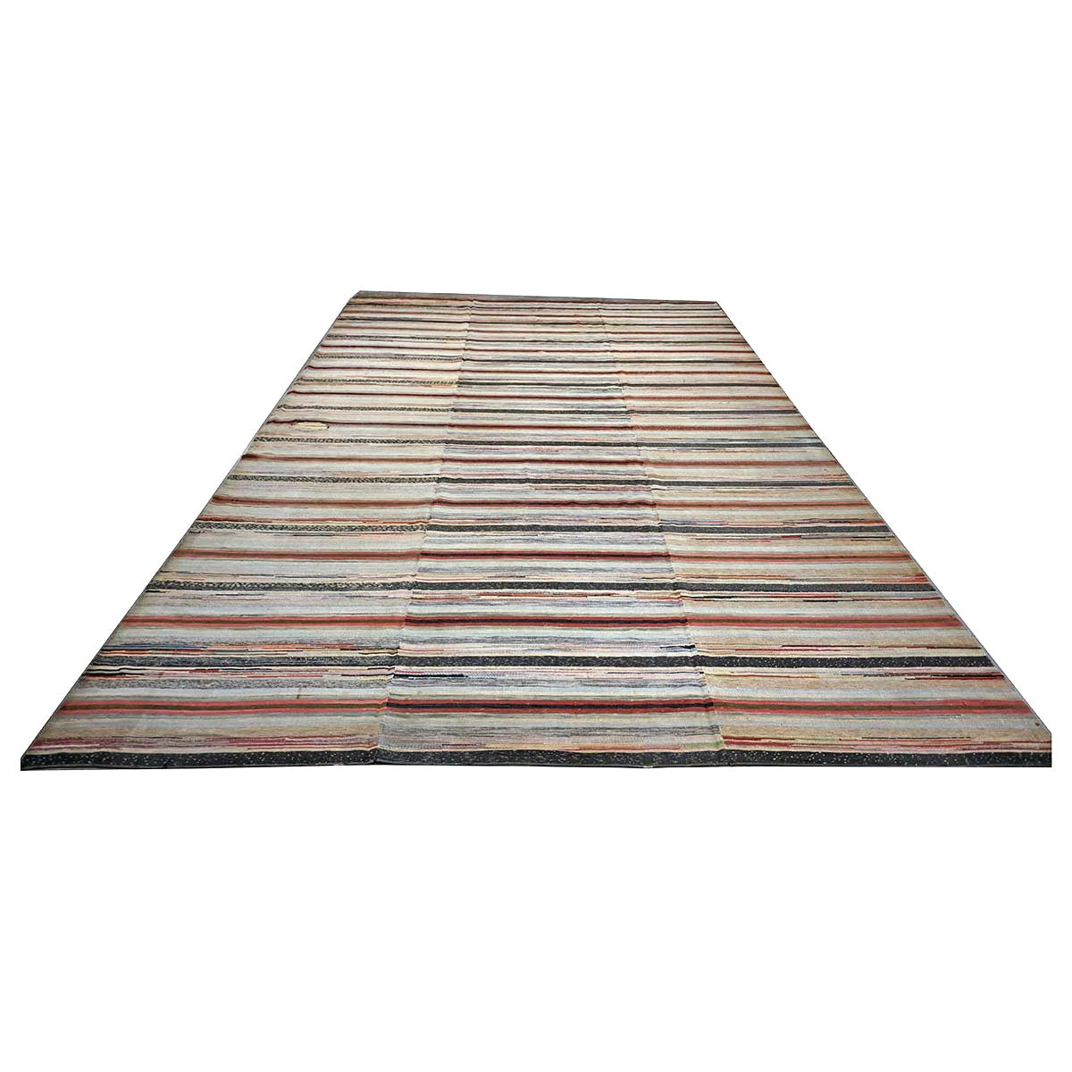 Antique American Rag Rug Cotton 10x15 Ivory, Red & Blue Handmade Area Rug #9902624