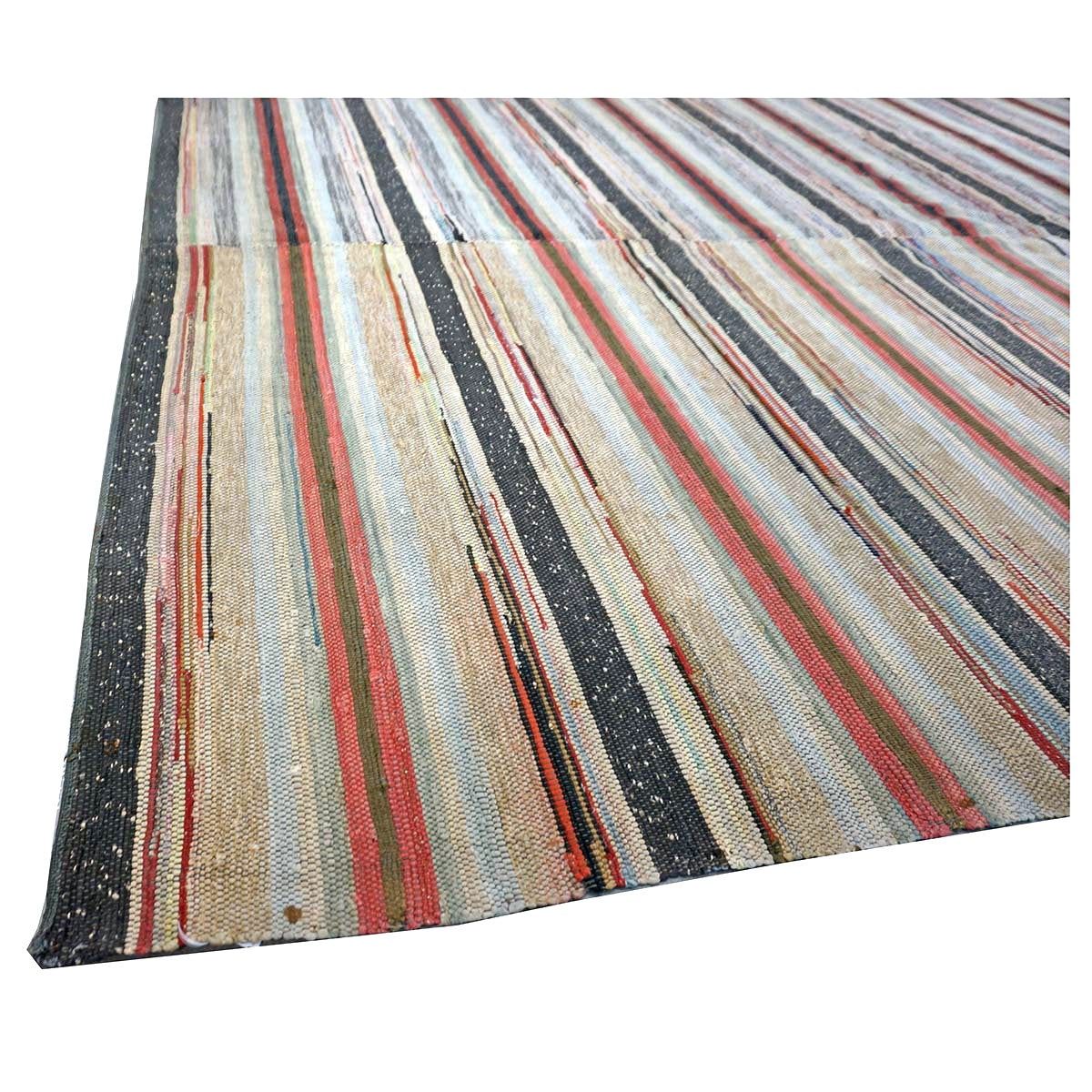 Antique American Rag Rug Cotton 10x15 Ivory, Red & Blue Handmade Area Rug #9902624