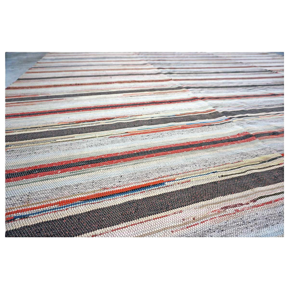 Antique American Rag Rug Cotton 10x15 Ivory, Red & Blue Handmade Area Rug #9902624