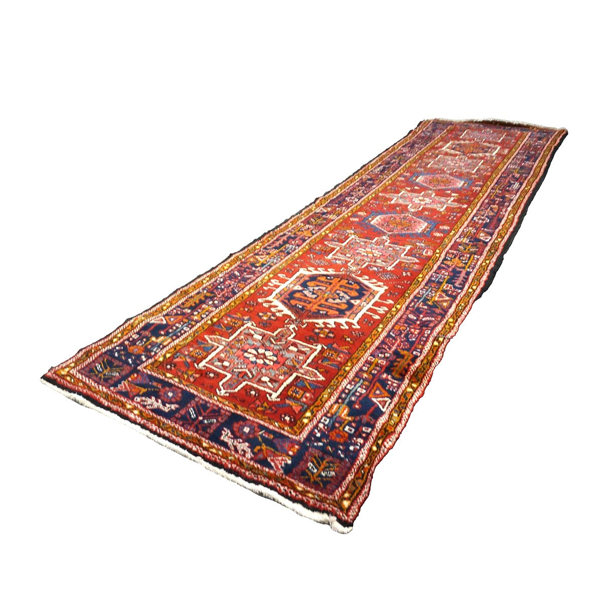 Vintage Persian Karajeh Wool 4x13 Red, Navy & Ivory Handmade Gallery Rug #9902626
