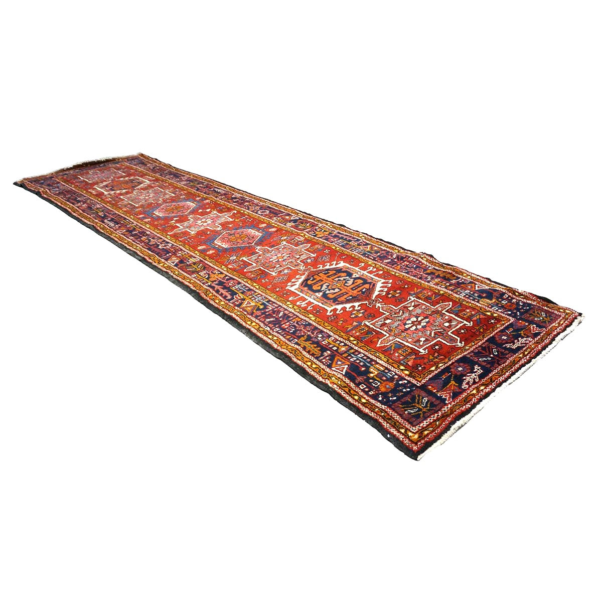 Vintage Persian Karajeh Wool 4x13 Red, Navy & Ivory Handmade Gallery Rug #9902626