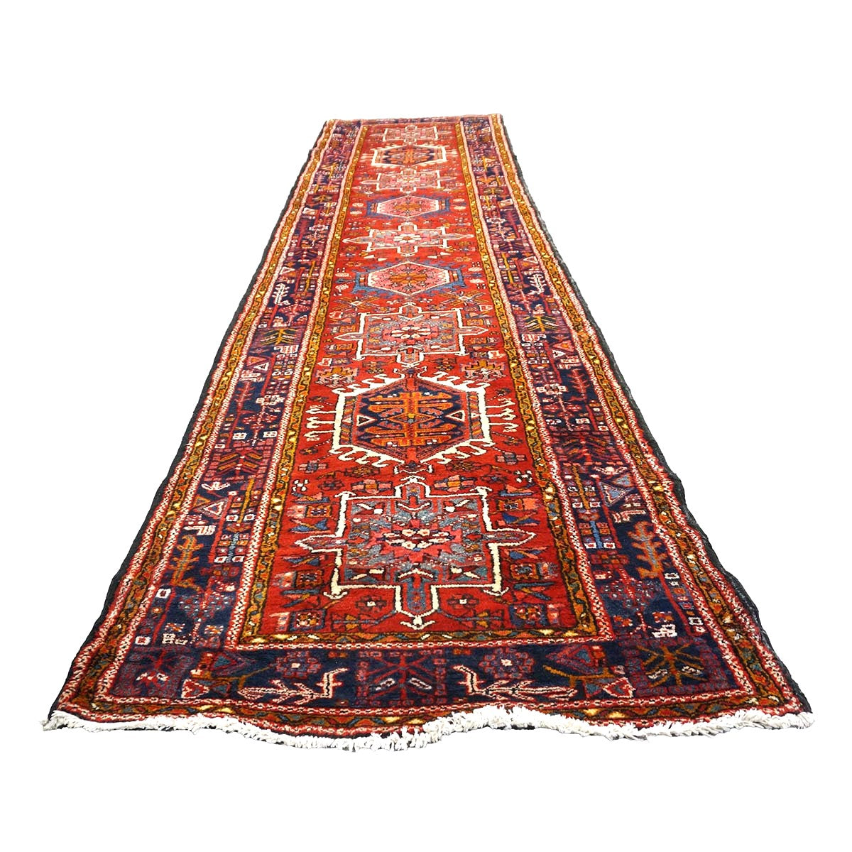 Vintage Persian Karajeh Wool 4x13 Red, Navy & Ivory Handmade Gallery Rug #9902626