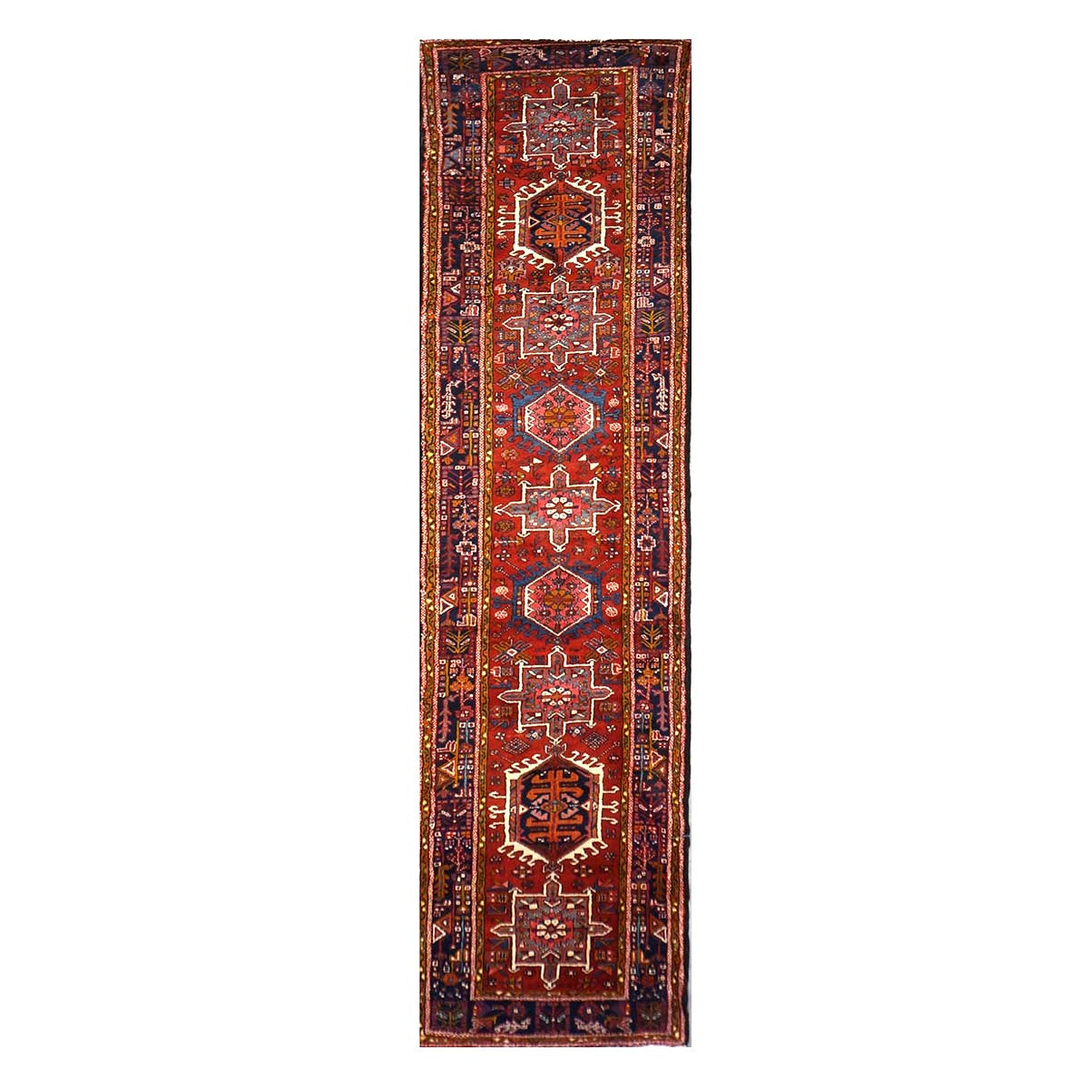 Vintage Persian Karajeh Wool 4x13 Red, Navy & Ivory Handmade Gallery Rug #9902626