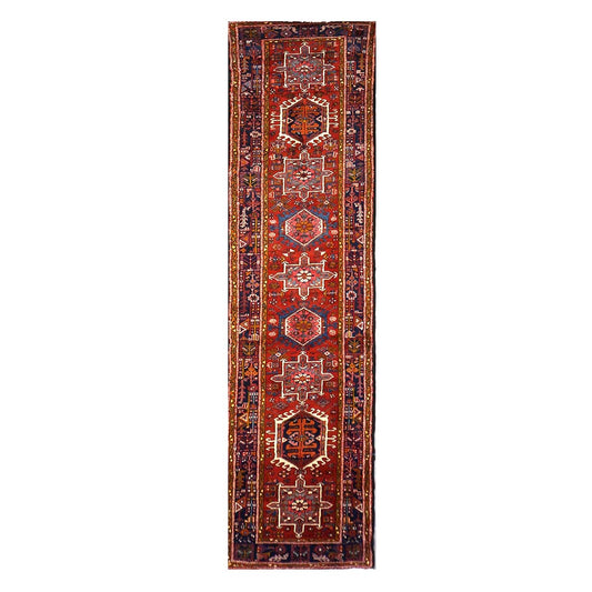 Vintage Persian Karajeh Wool 4x13 Red, Navy & Ivory Handmade Gallery Rug #9902626
