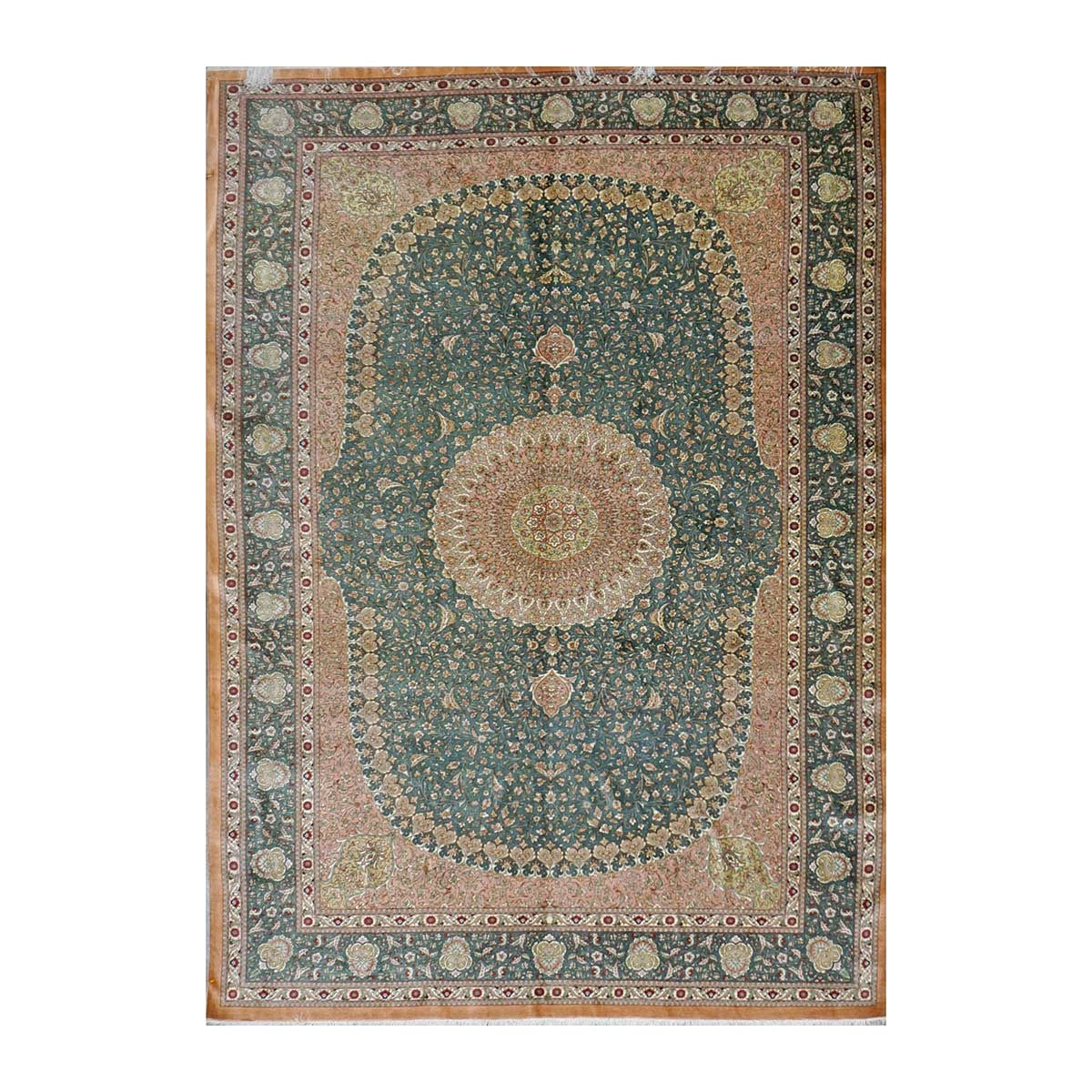 Persian Silk Qum 6x9 Teal, Ivory & Red Handmade Area Rug #9902653