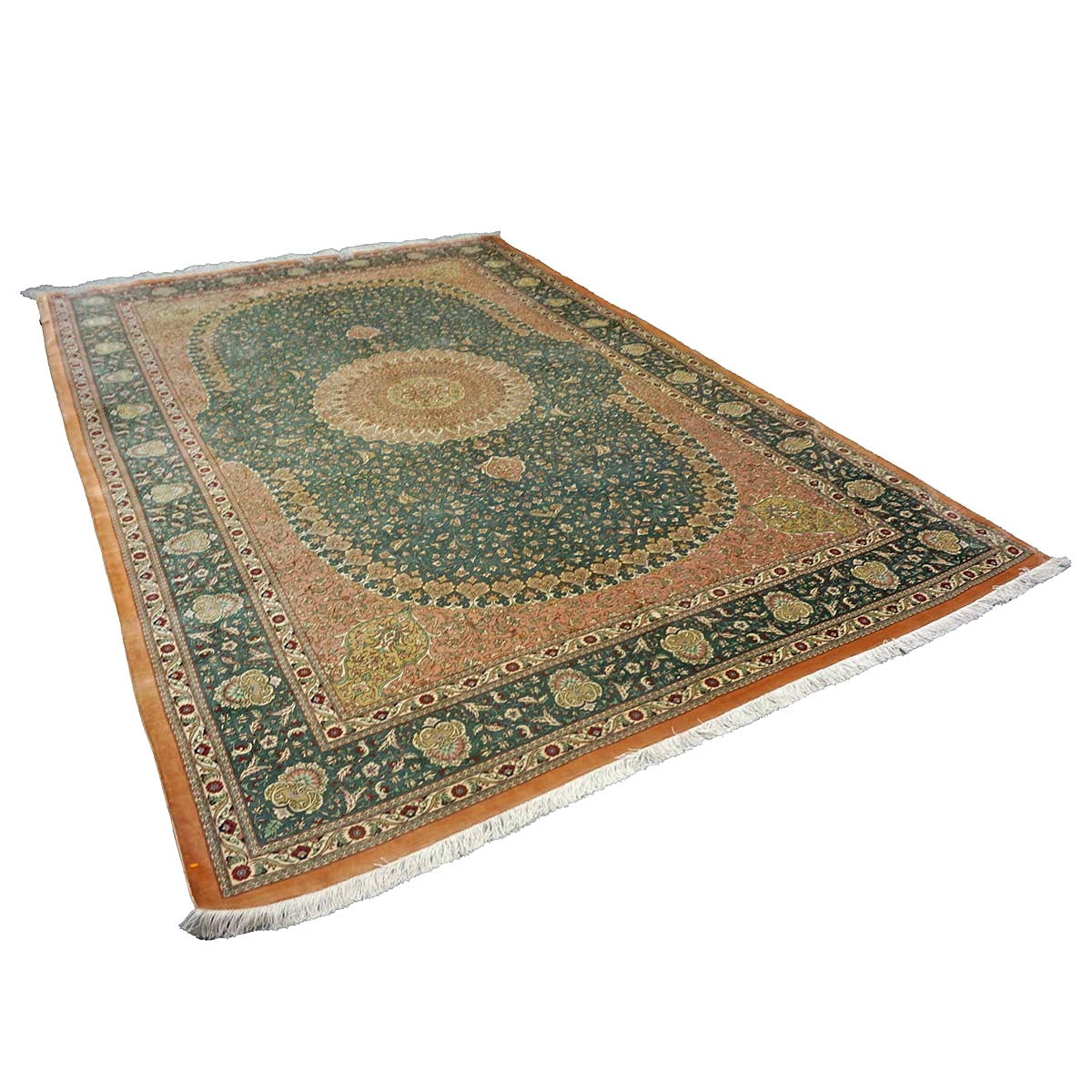 Persian Silk Qum 6x9 Teal, Ivory & Red Handmade Area Rug #9902653