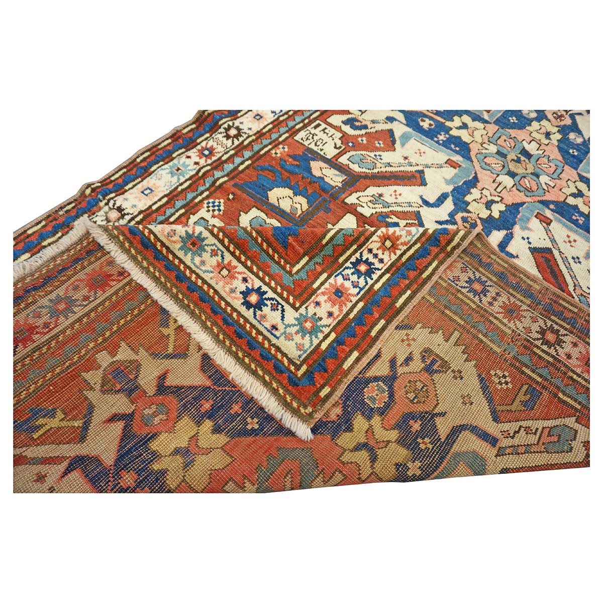 Antique Caucasian Star Kazak Wool 4x10 Ivory, Red & Blue Handmade Gallery Rug #9902662