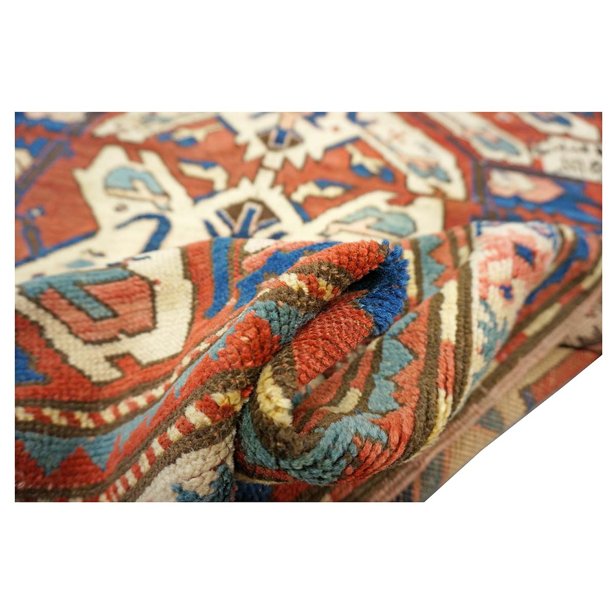 Antique Caucasian Star Kazak Wool 4x10 Ivory, Red & Blue Handmade Gallery Rug #9902662