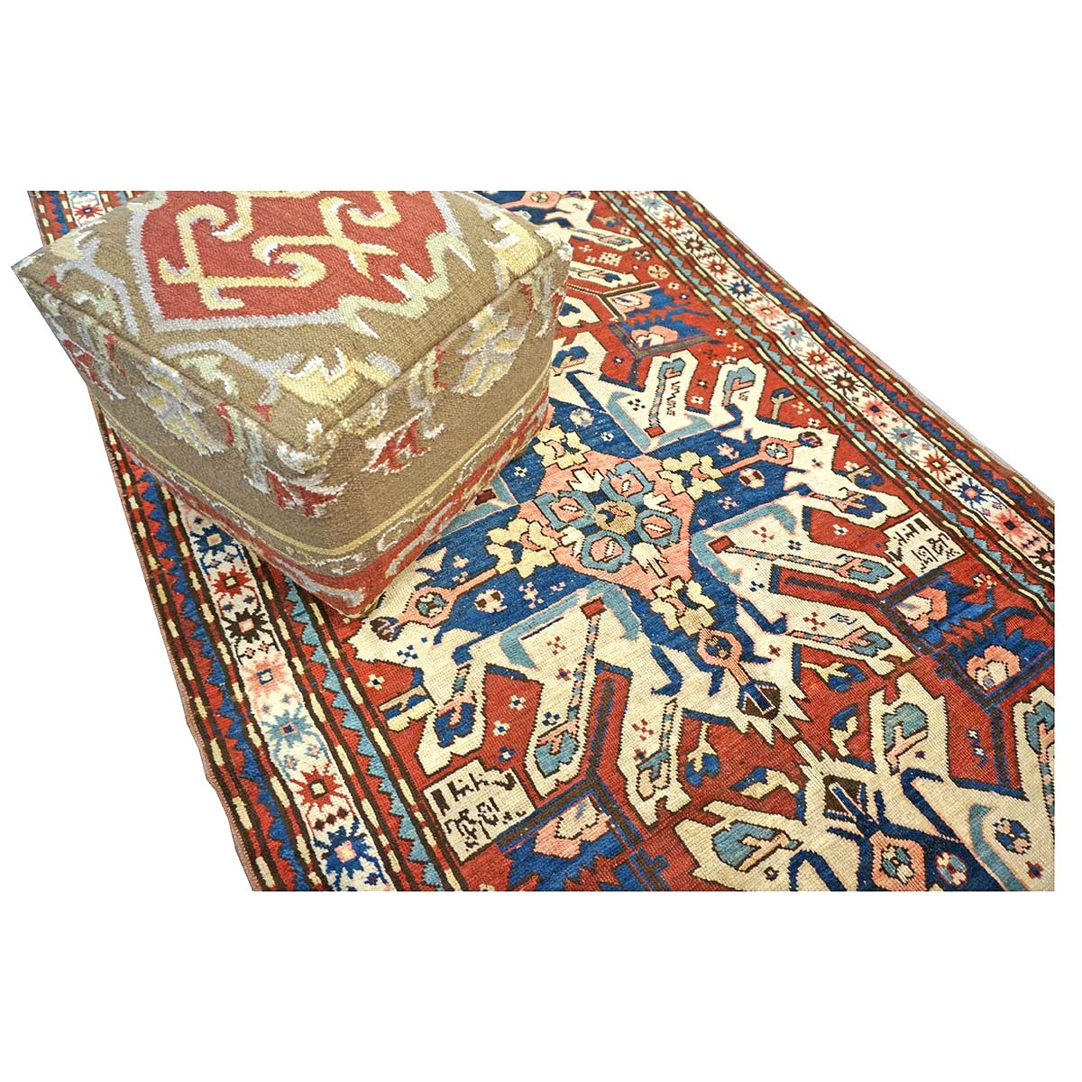 Antique Caucasian Star Kazak Wool 4x10 Ivory, Red & Blue Handmade Gallery Rug #9902662