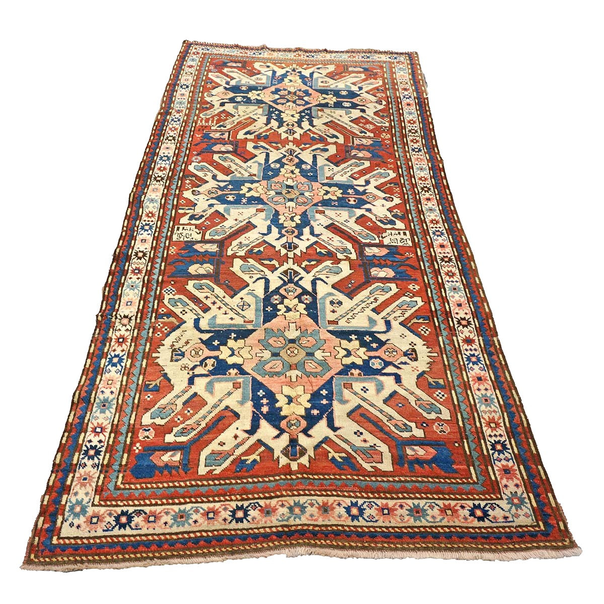 Antique Caucasian Star Kazak Wool 4x10 Ivory, Red & Blue Handmade Gallery Rug #9902662