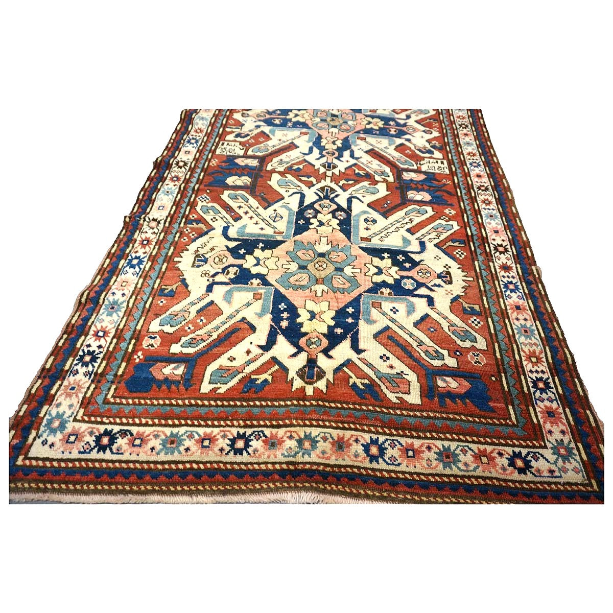Antique Caucasian Star Kazak Wool 4x10 Ivory, Red & Blue Handmade Gallery Rug #9902662