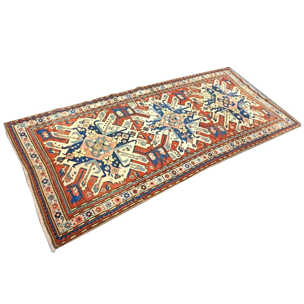Antique Caucasian Star Kazak Wool 4x10 Ivory, Red & Blue Handmade Gallery Rug #9902662