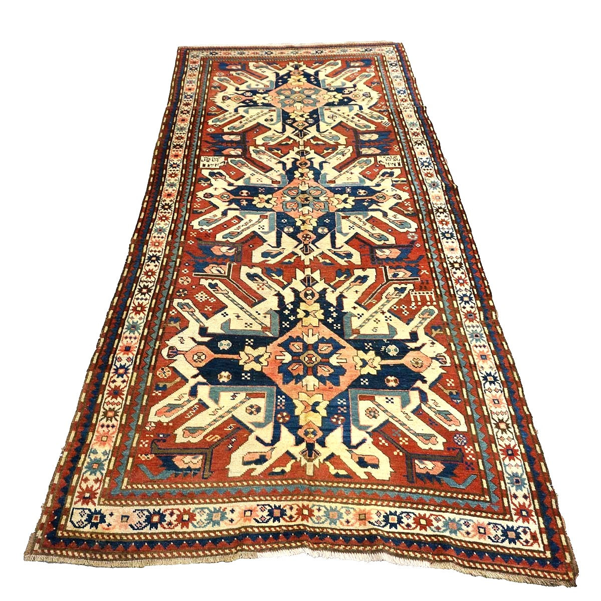 Antique Caucasian Star Kazak Wool 4x10 Ivory, Red & Blue Handmade Gallery Rug #9902662