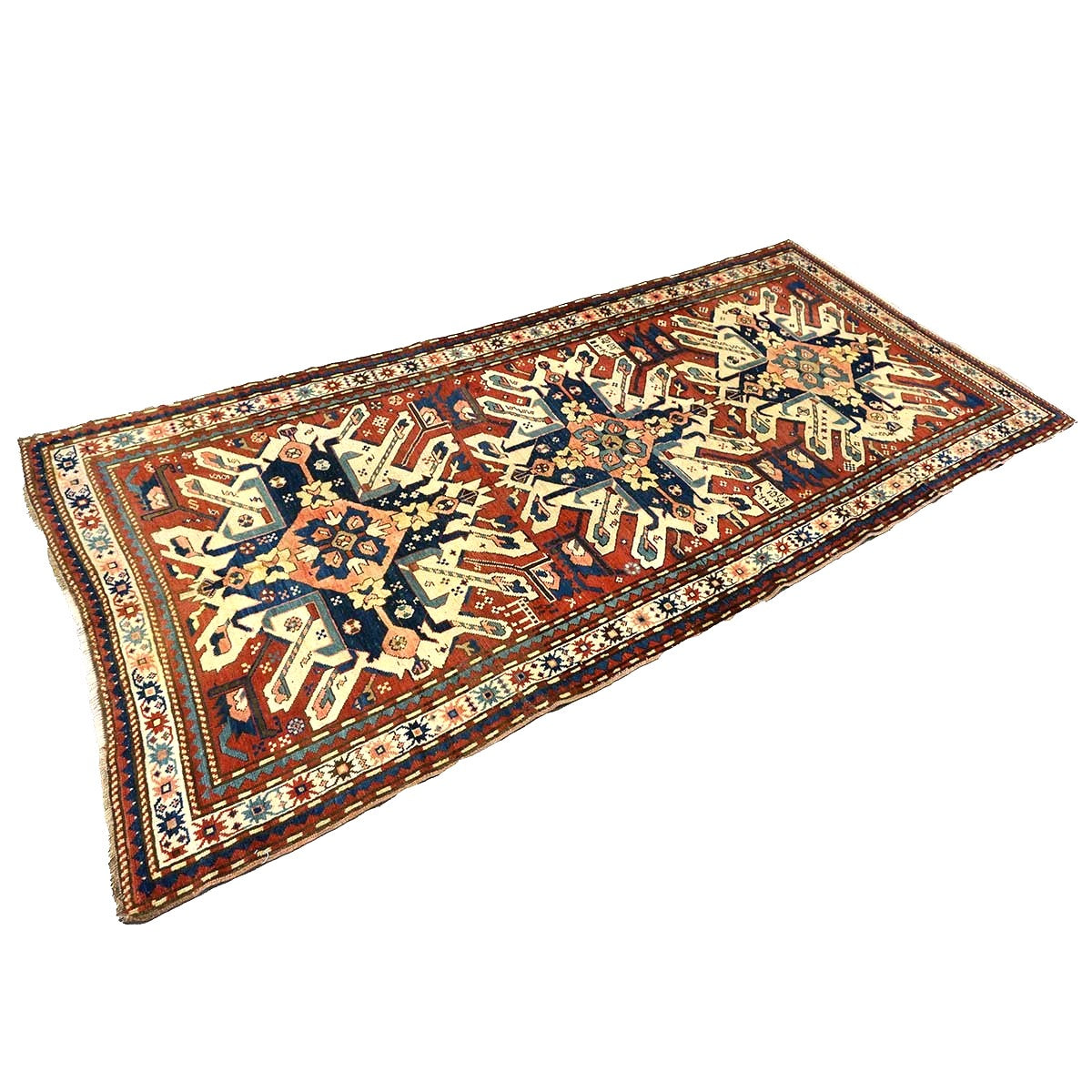 Antique Caucasian Star Kazak Wool 4x10 Ivory, Red & Blue Handmade Gallery Rug #9902662