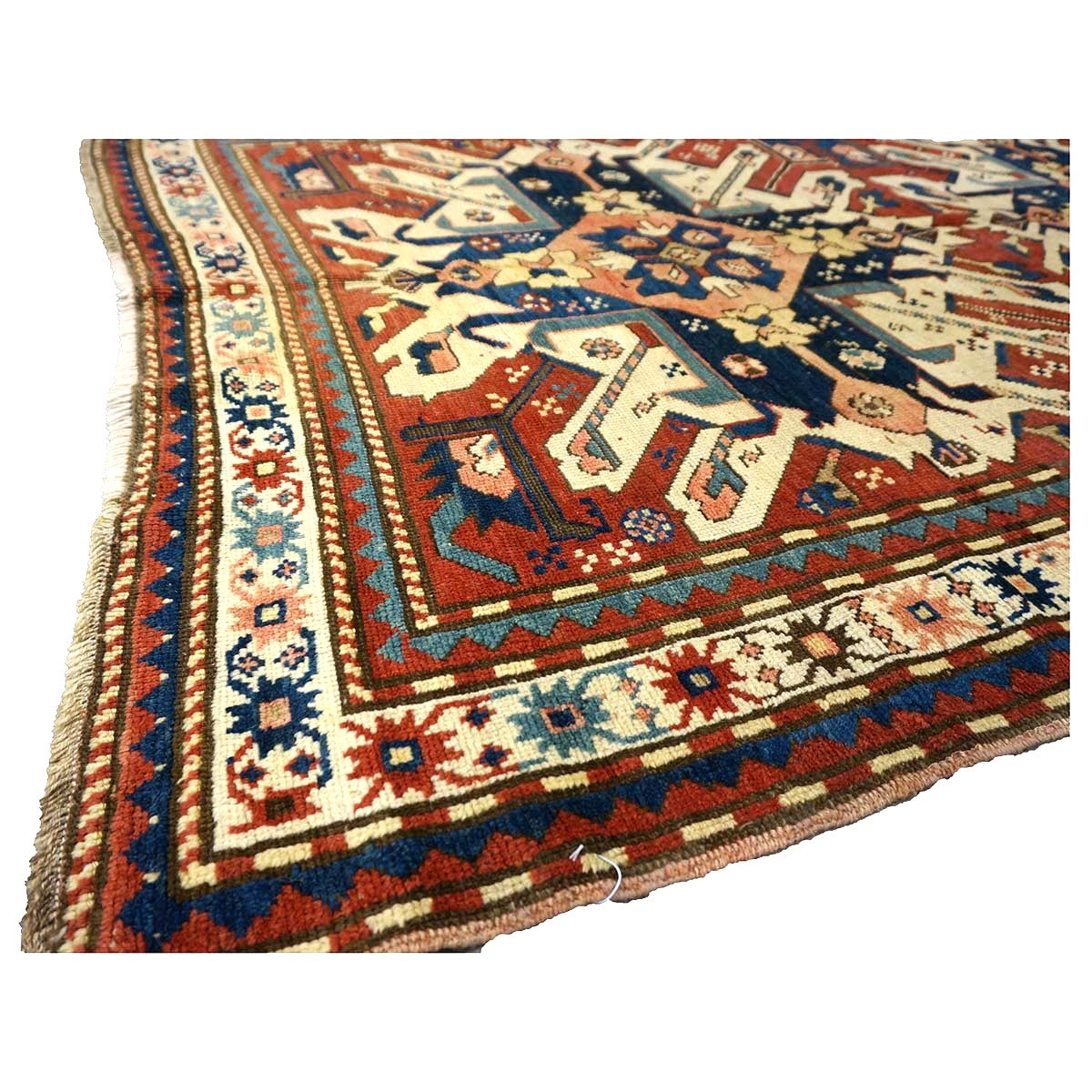 Antique Caucasian Star Kazak Wool 4x10 Ivory, Red & Blue Handmade Gallery Rug #9902662