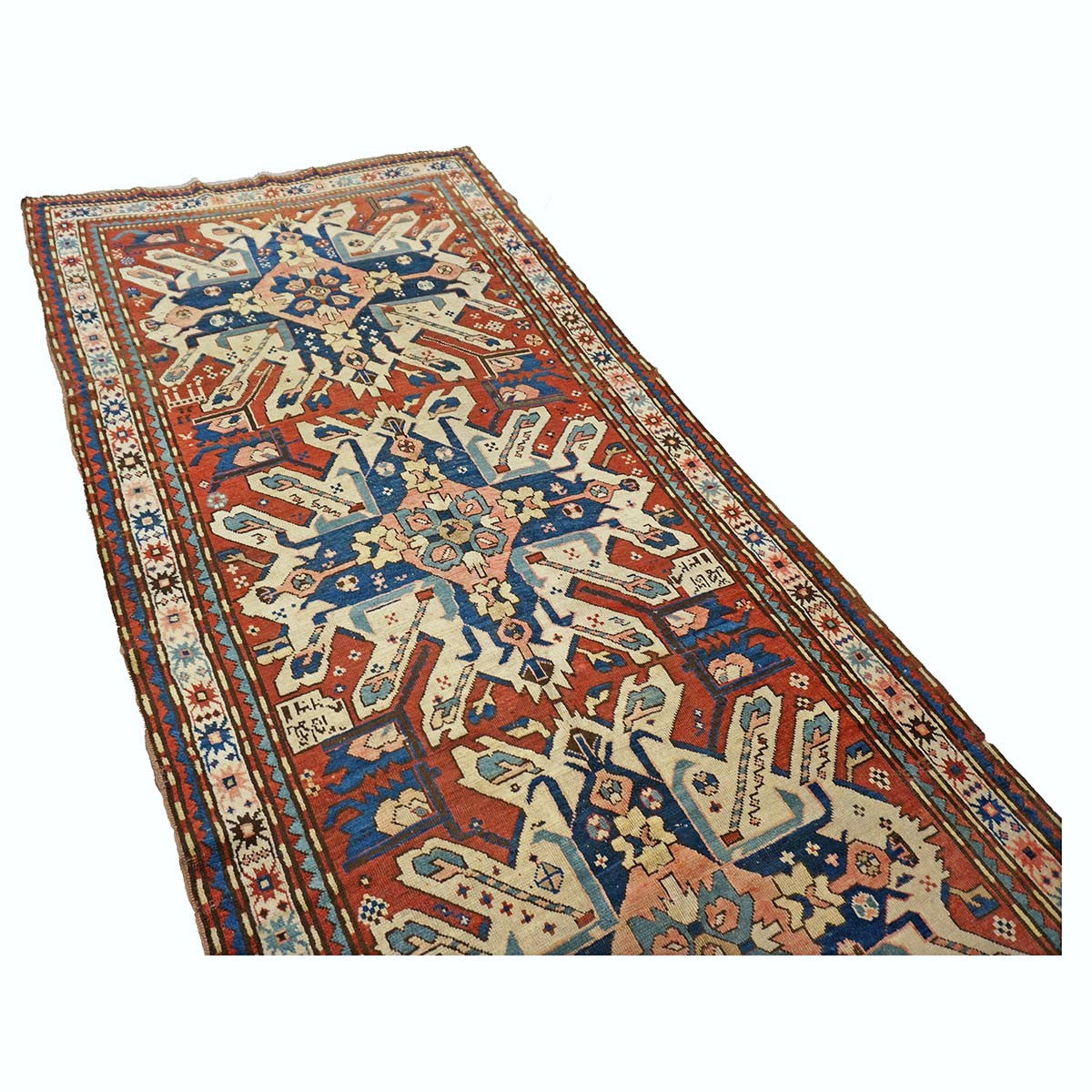 Antique Caucasian Star Kazak Wool 4x10 Ivory, Red & Blue Handmade Gallery Rug #9902662