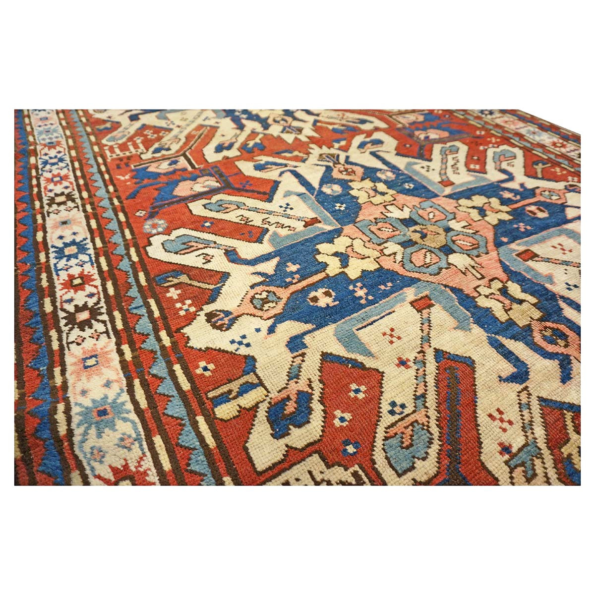 Antique Caucasian Star Kazak Wool 4x10 Ivory, Red & Blue Handmade Gallery Rug #9902662