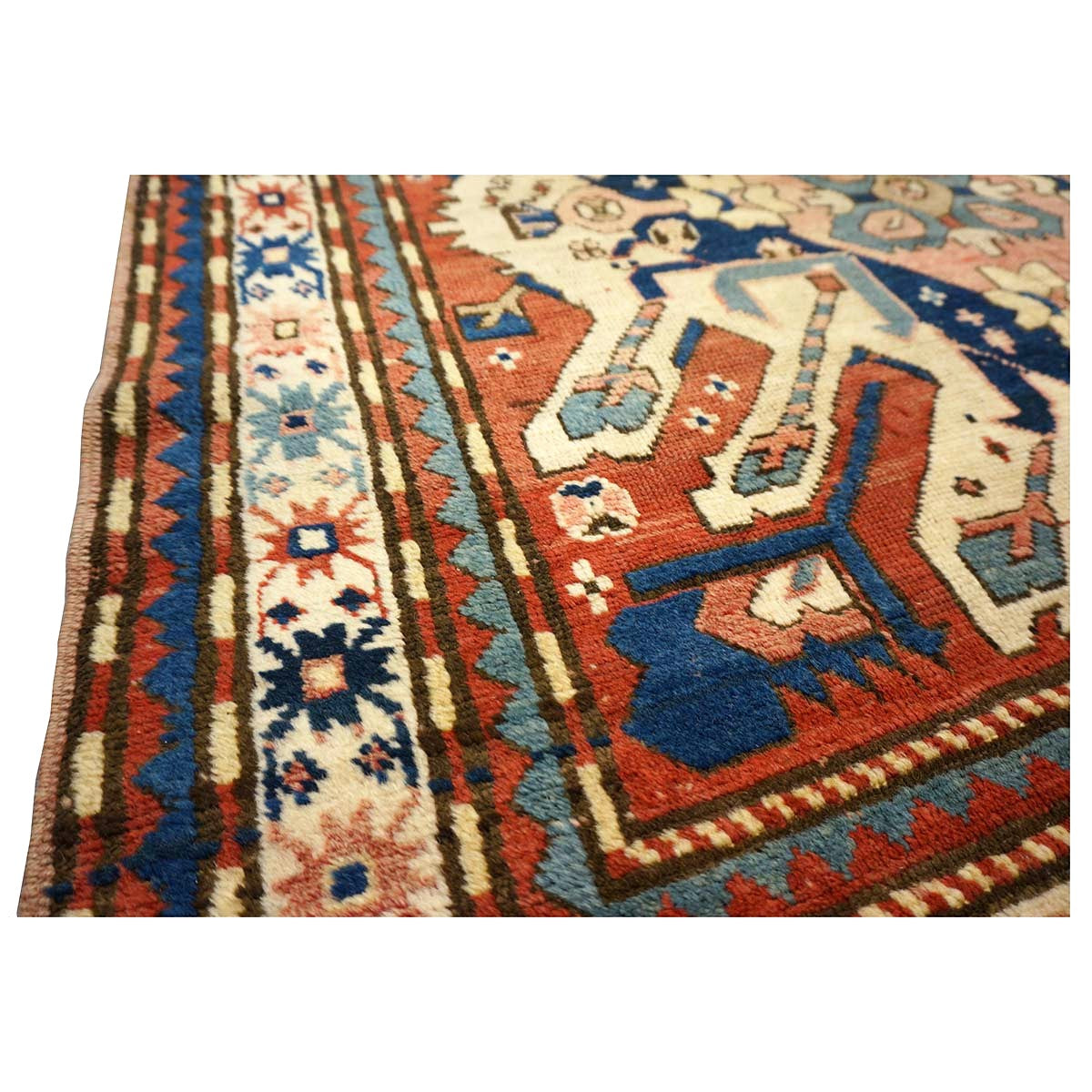 Antique Caucasian Star Kazak Wool 4x10 Ivory, Red & Blue Handmade Gallery Rug #9902662