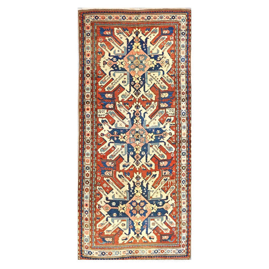 Antique Caucasian Star Kazak Wool 4x10 Ivory, Red & Blue Handmade Gallery Rug #9902662