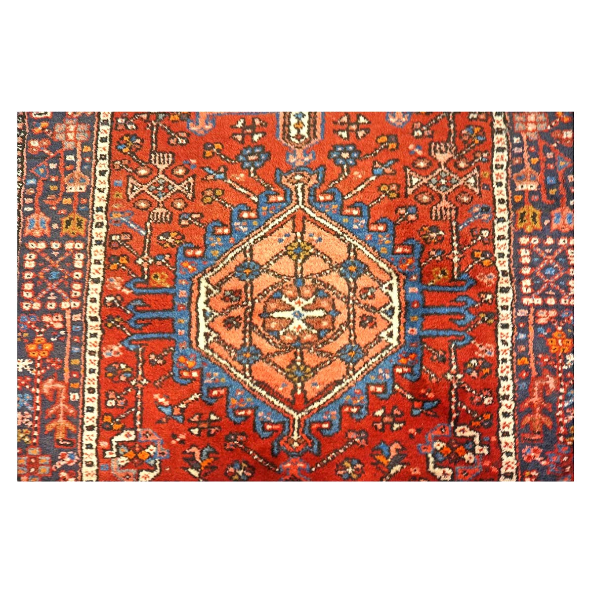 Vintage Persian Karajeh Wool 3x15 Red, Ivory & Navy Handmade Runner Rug #9902669