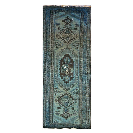 Vintage Persian Overdyed 4x10 Blue, Green & Brown Handmade Gallery Rug #9902690