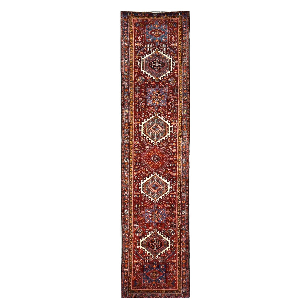 Persian Karajeh Wool 4x15 Red, Ivory & Yellow Handmade Gallery Rug #9902697