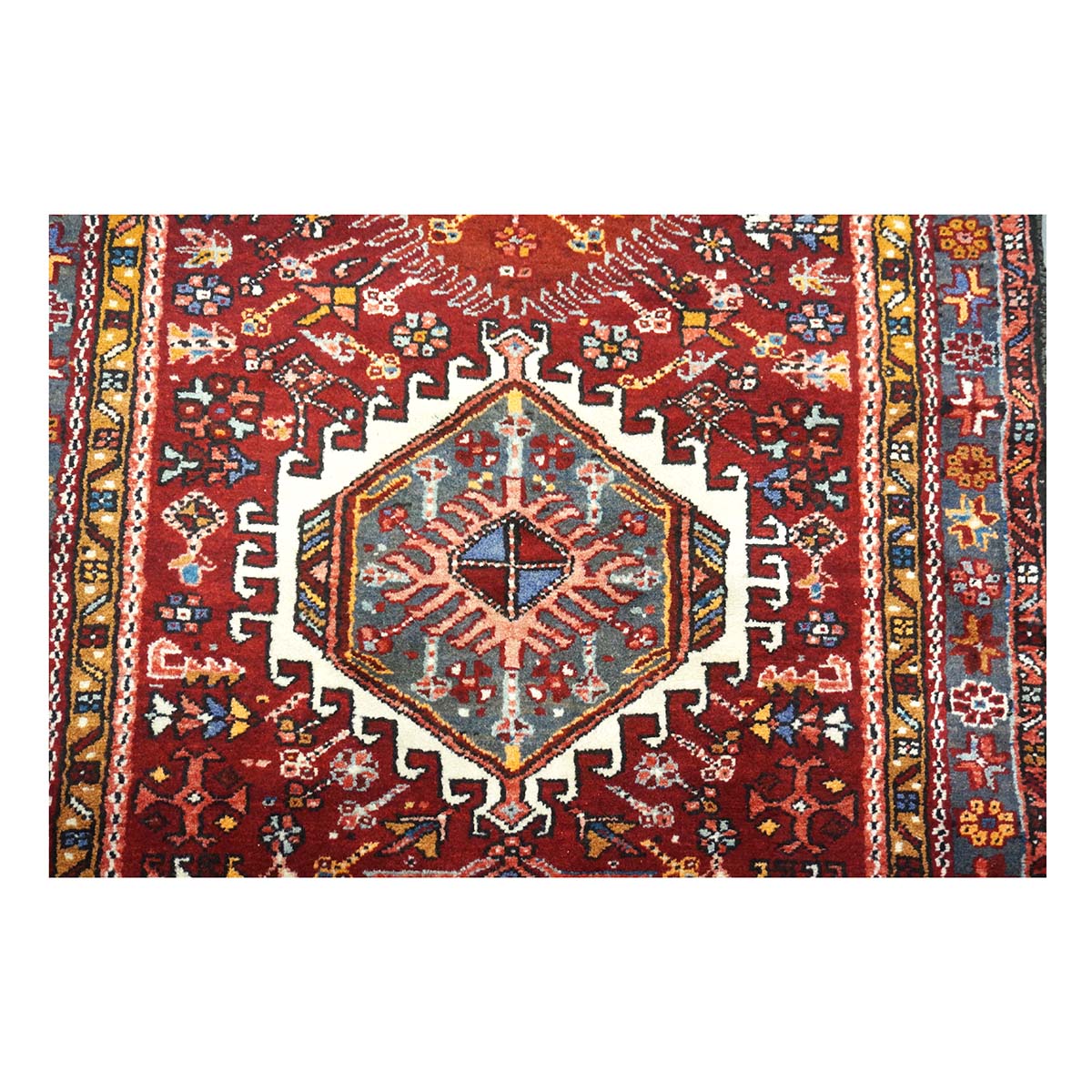 Persian Karajeh Wool 4x15 Red, Ivory & Yellow Handmade Gallery Rug #9902697