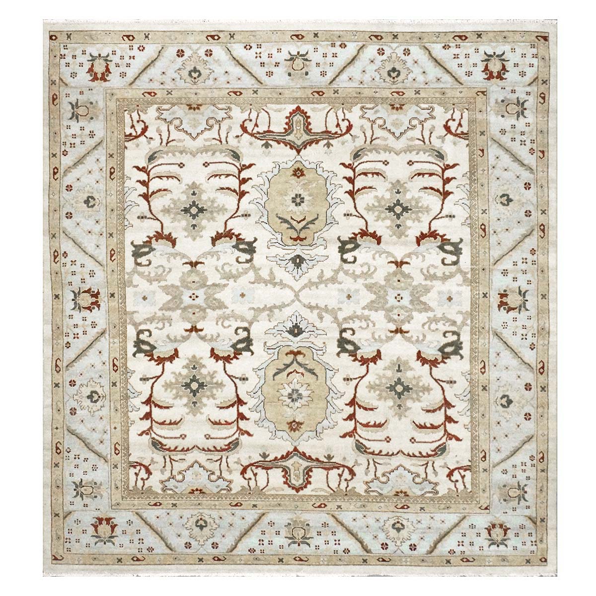 Afghan Sultanabad Masters Wool 8x9 Ivory, Light Blue & Rust Handmade Area Rug #9902705