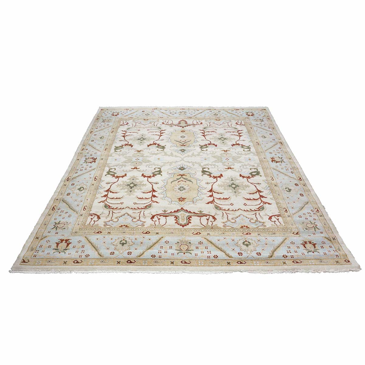 Afghan Sultanabad Masters Wool 8x9 Ivory, Light Blue & Rust Handmade Area Rug #9902705