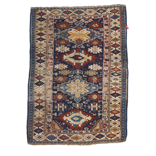 Antique Azarbijiani Kazak Wool 4x5 Navy & Ivory Handmade Area Rug #9902724