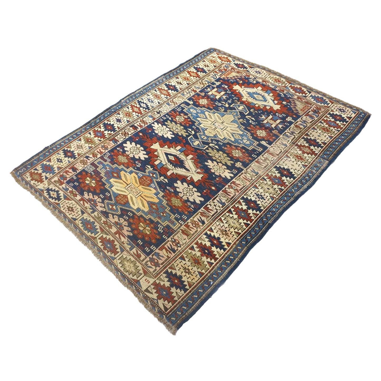 Antique Azarbijiani Kazak Wool 4x5 Navy & Ivory Handmade Area Rug #9902724