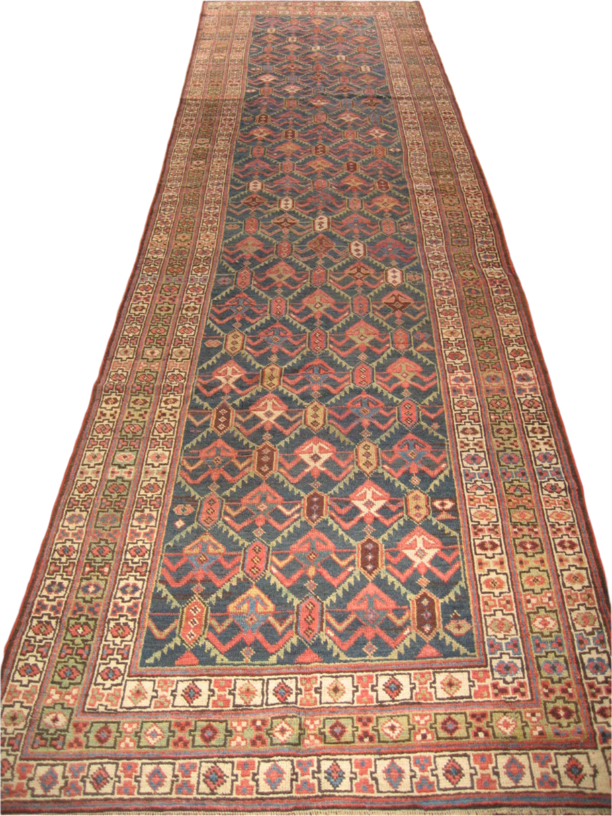 Antique Azerbaijani Kordish Wool 3X14 Grey, Rust, Ivory & Black Handmade Runner Rug #9902738