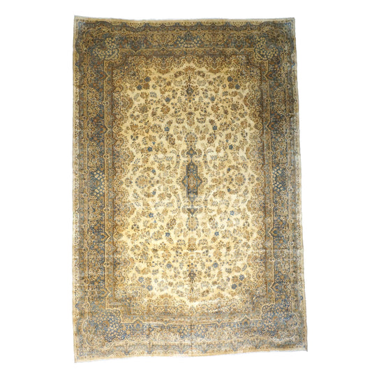 Antique Persian Kerman Wool 12X18 Tan, Ivory & Blue Handmand Area Rug #9902741