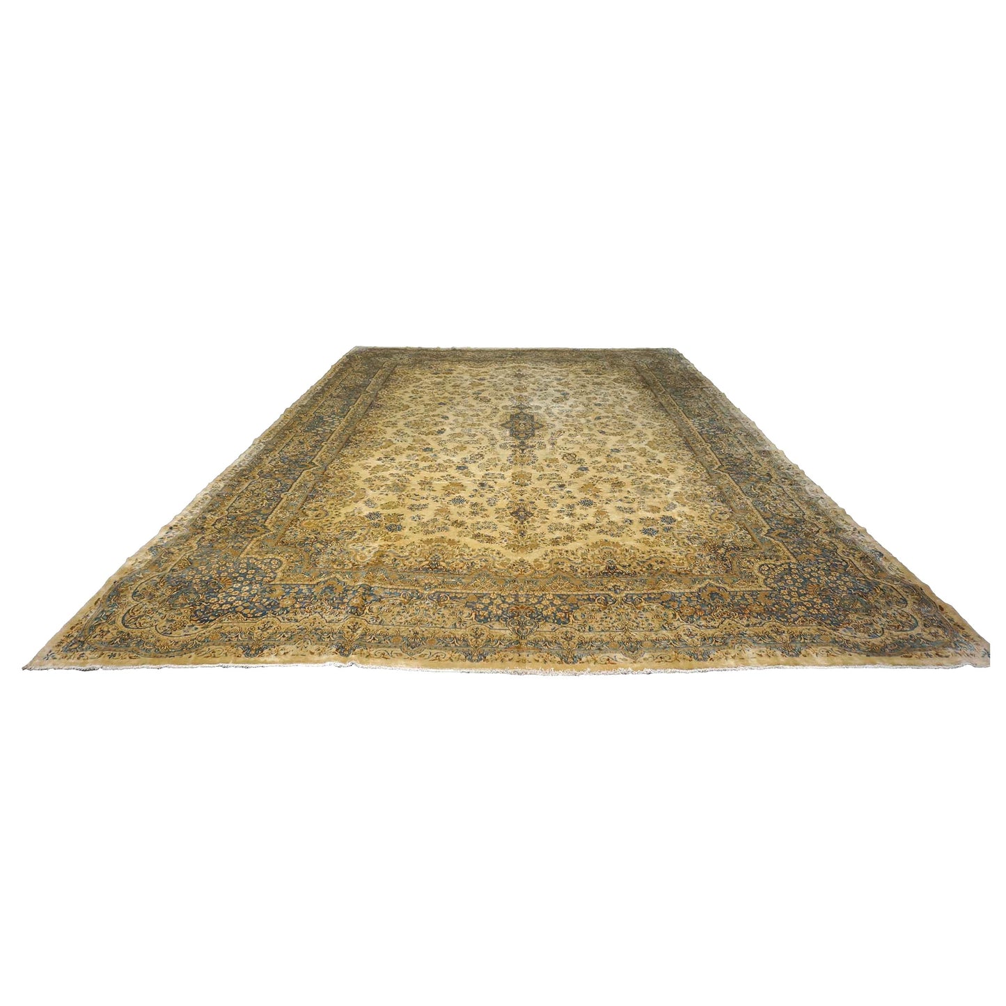 Antique Persian Kerman Wool 12X18 Tan, Ivory & Blue Handmand Area Rug #9902741