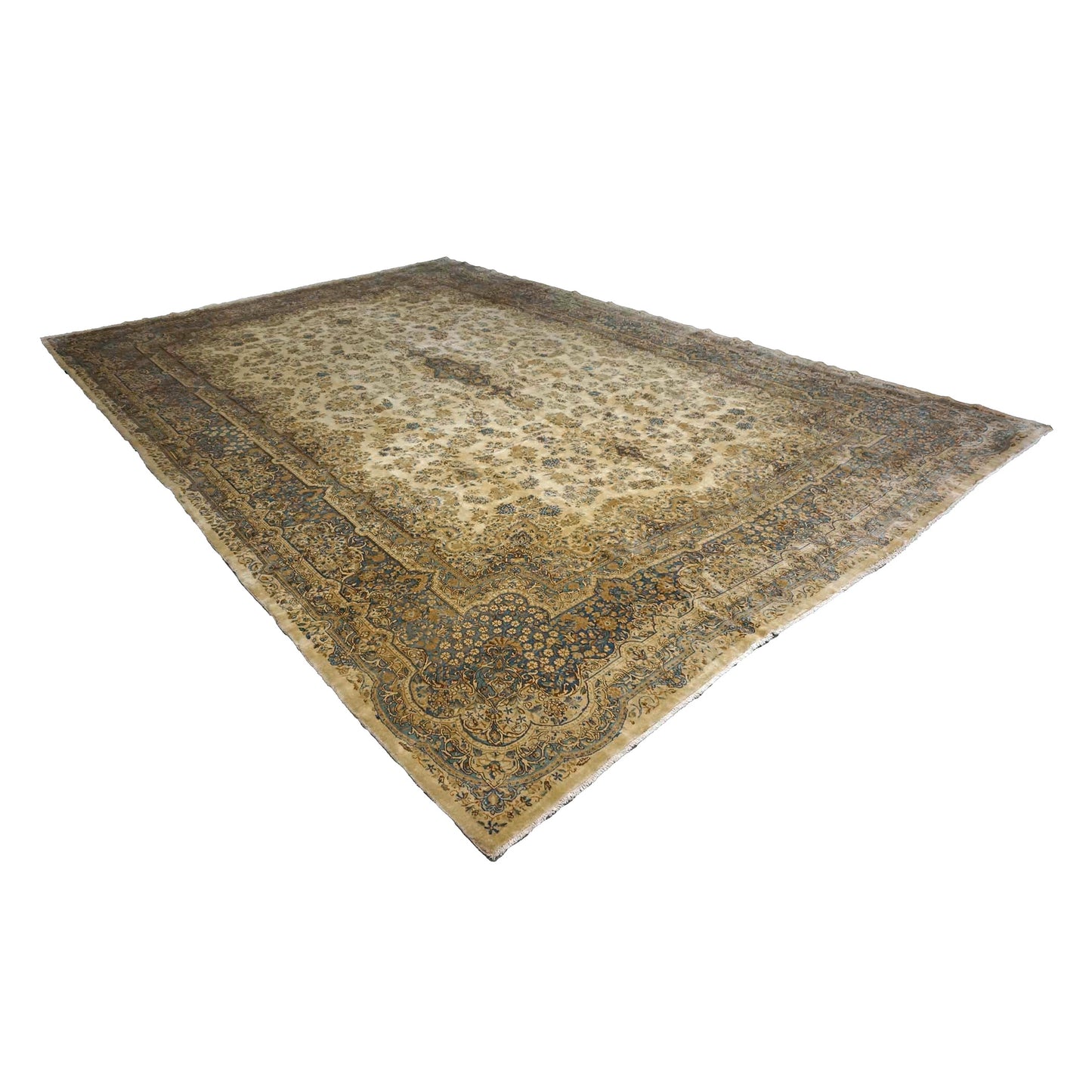 Antique Persian Kerman Wool 12X18 Tan, Ivory & Blue Handmand Area Rug #9902741