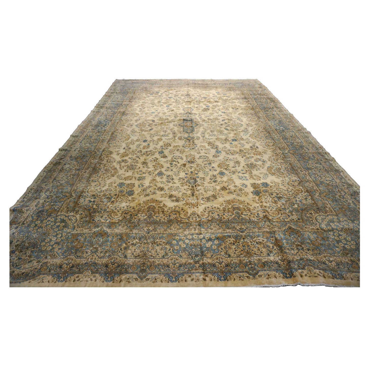 Antique Persian Kerman Wool 12X18 Tan, Ivory & Blue Handmand Area Rug #9902741